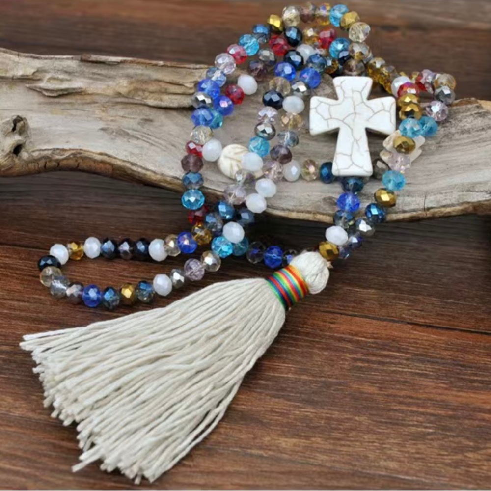 1Pc Boho Sweater‎ Necklace Colorful Beaded Cream Tassel Cross Charm Fashion